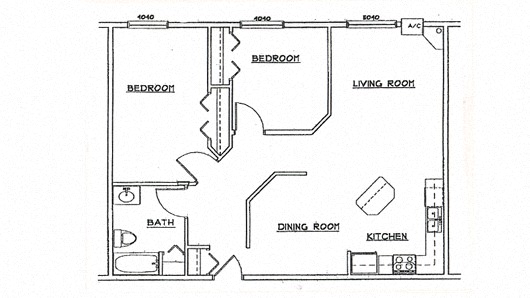 Floor plan for 2 beds, 1 bath, 1070 sqft